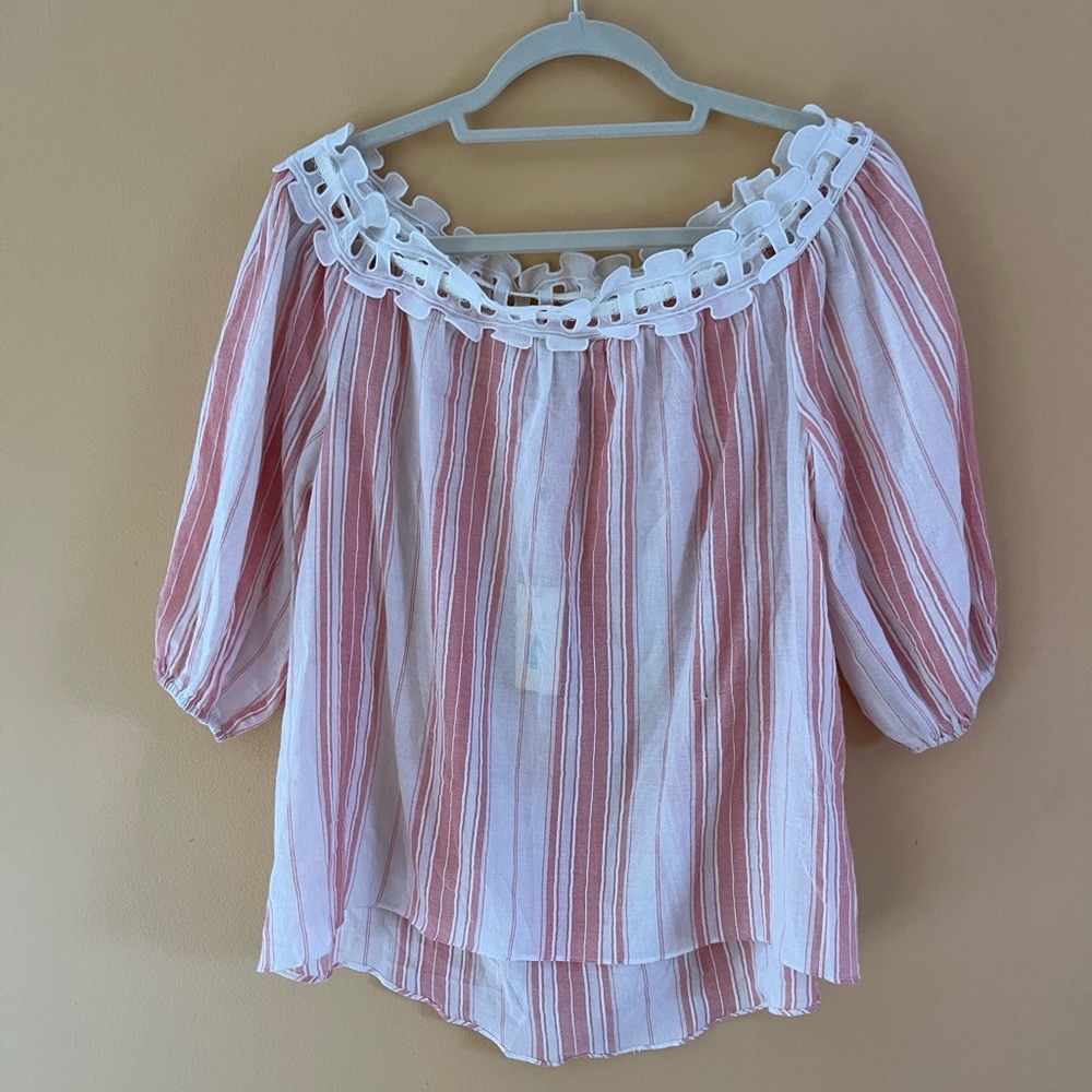 Max Studio London Womens top, Cream pink Striped Cotton off the shoulder, XS